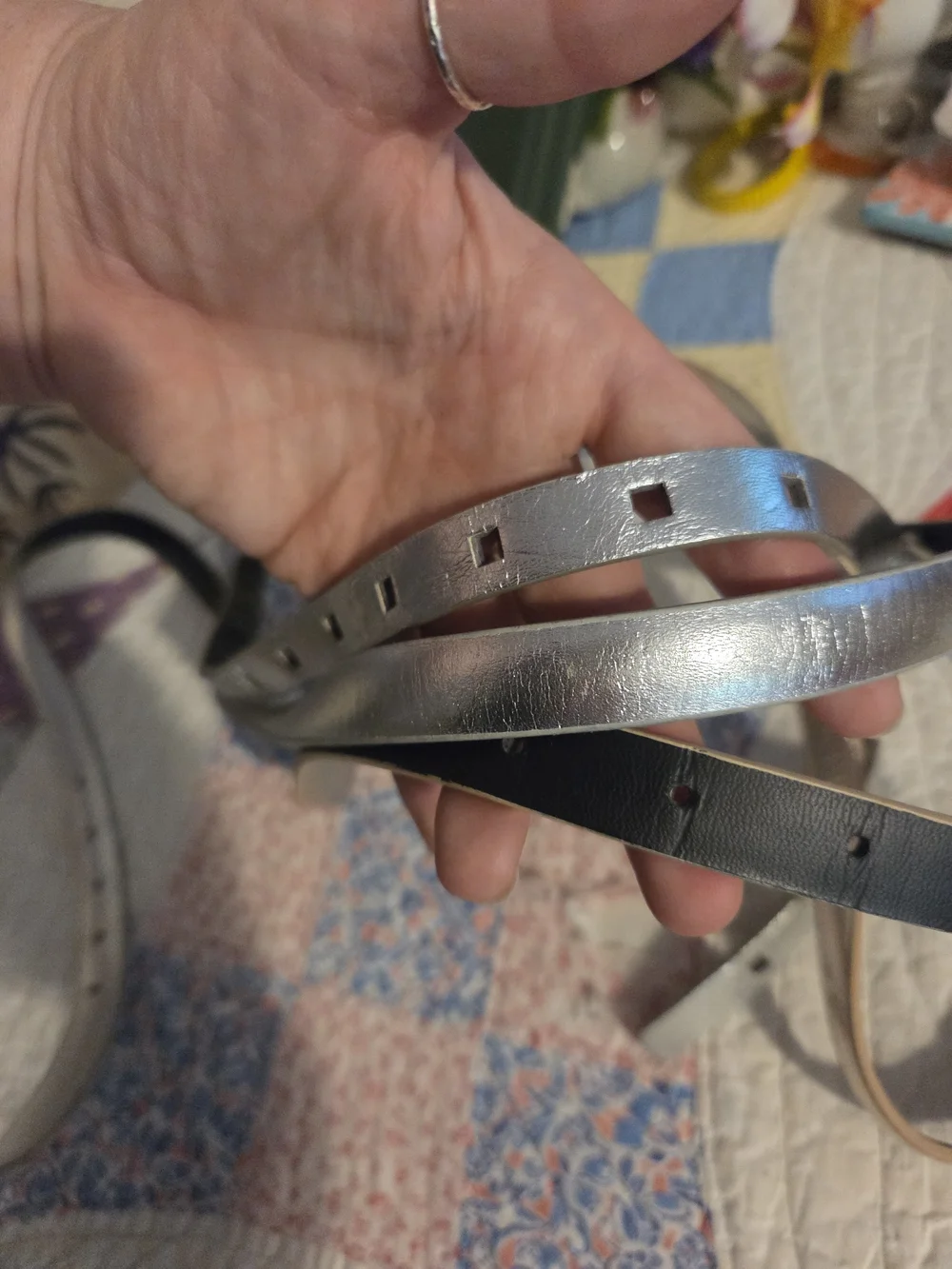Set of 3 small size 4 faux leather silver & gold toned belts thin some cracking
